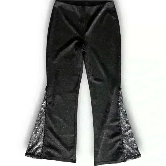 Vtg Black Silver Sparkle Pull On Stretch Pants High‎ Rise Glitter Flared Party M - Picture 2 of 10